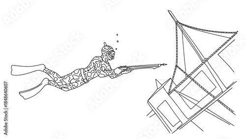 Scuba diver spearfishing near a submerged shipwreck