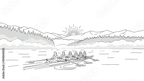 Team rowing in lake with mountain sunrise in linear style