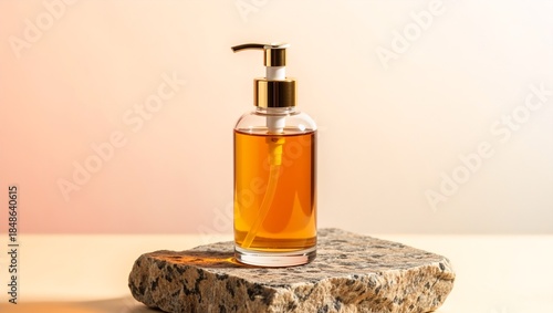 Luxury cosmetic bottle with gold pump on stone podium. Amber oil skincare product mockup