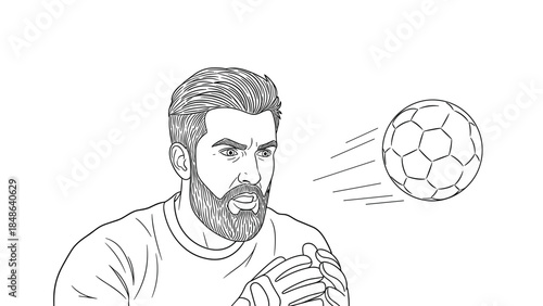 Goalkeeper in action focused on incoming soccer ball in linear style