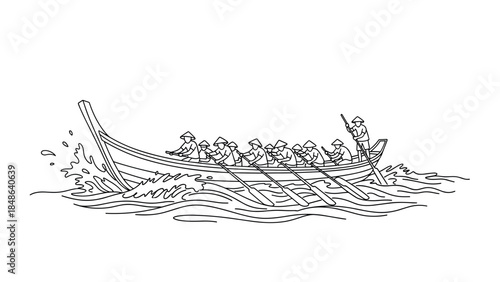 Traditional boat rowers in action line art - maritime adventure and cultural heritage