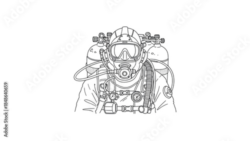 Detailed line art of a scuba diver with diving gear and oxygen tanks
