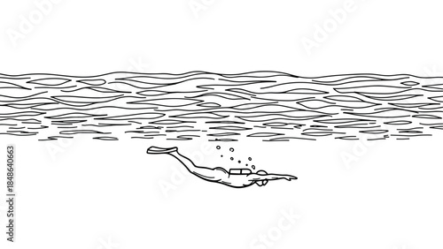 Scuba diver swimming underwater with air bubbles and wavy water surface in minimalist black and white line art