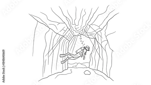 Scuba diver exploring underwater cave with snorkel line art