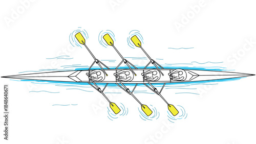 Team rowing in motion: overhead view of crew in synchrony on water