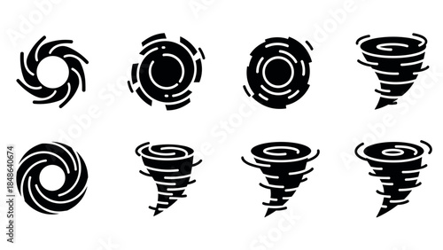 Collection of tornado and cyclone icon set in black silhouette style