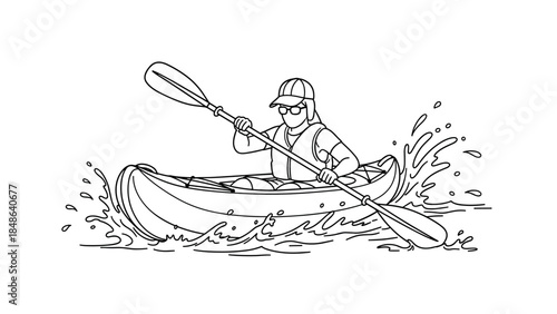 Monochrome kayaking adventure: line art of solo canoe paddler in action