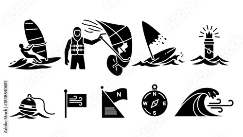 Silhouette windsurfing icons and nautical elements for beach and ocean themes