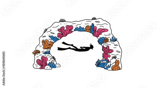 Silhouette of diver exploring vibrant coral arch in linear style