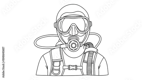Diver with scuba gear outline drawing for coloring book