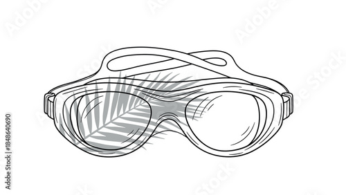 Line art swimming goggles with tropical palm leaf overlay design