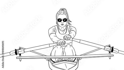 Woman rowing in linear style with sunglasses and sporting attire
