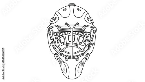 Linear drawing of hockey goalie mask with detailed outline
