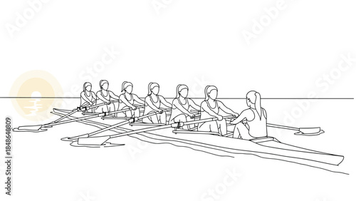 Team rowing on water at sunrise in linear style