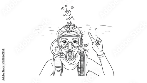 Outline drawing of a diver making a peace sign underwater