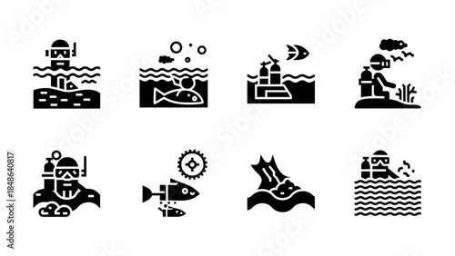Diving icons: marine exploration in minimalist black silhouette design