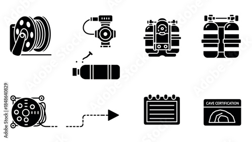 Diving equipment icons set: silhouette style for certification and safety