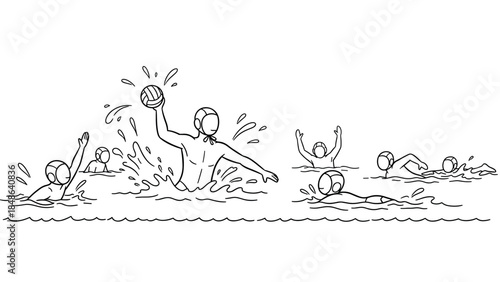 Dynamic water polo players in action with linear style design
