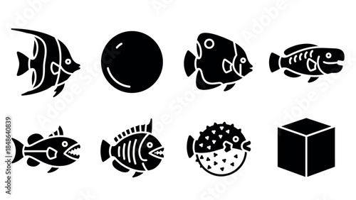 Aquatic silhouettes: diverse fish icons and simple shapes in black