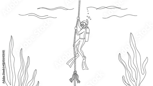 Scuba diver exploring underwater world with rope in minimalist line art