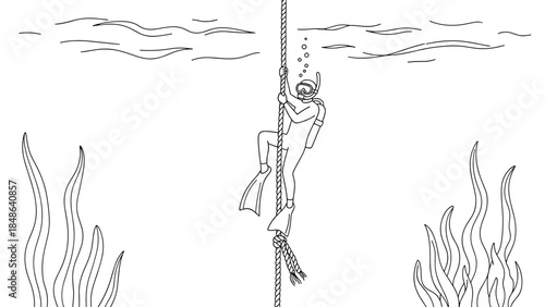 Diver climbing rope underwater with snorkeling gear in ocean scene