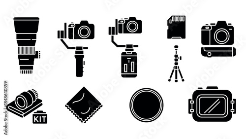 Silhouette icons of photography equipment: cameras, lenses, tripods, and accessories