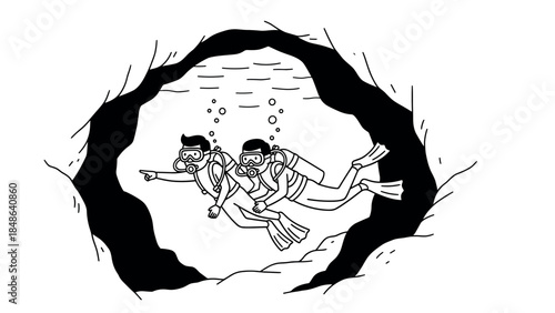 Underwater cave diving exploration in linear black and white style