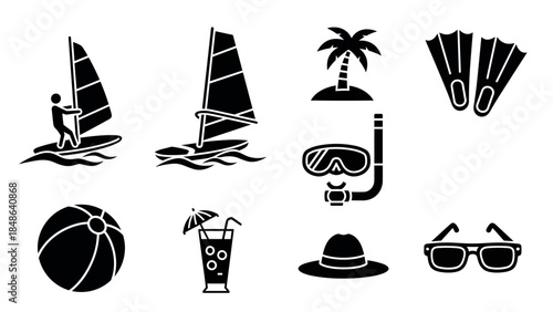 Stylish beach icons set: windsurfing, palm tree, and summer essentials