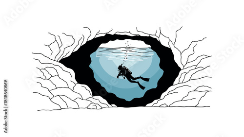 Silhouette of scuba diver exploring underwater cave adventure illustration