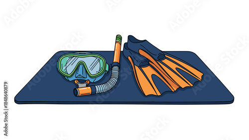 Snorkeling gear set with mask, snorkel, and flippers on mat illustration
