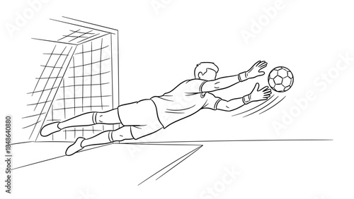 Dynamic goalkeeper diving to save a soccer ball in action line art