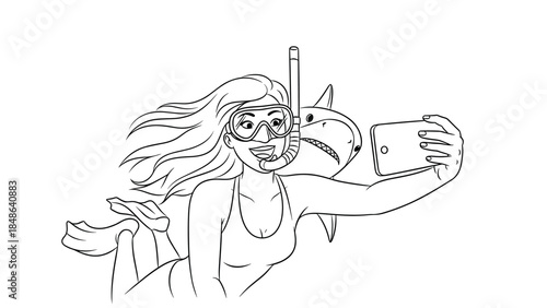 Woman taking selfie underwater with shark, snorkeling adventure, cartoon style