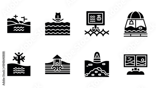 Stylized water park icons collection featuring black silhouettes in minimalist design