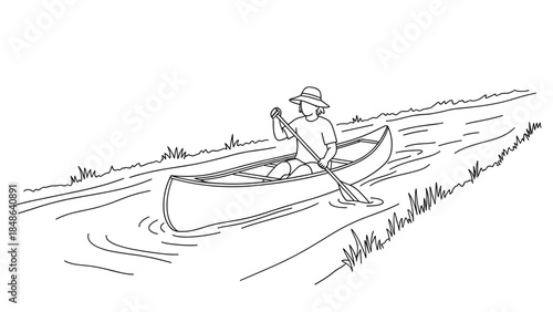 Minimalist line drawing of a woman canoeing in a peaceful river setting