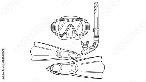 Linear diving gear set: snorkel, mask, and fins in black and white design