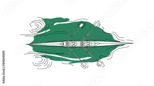 Artistic line drawing of two athletes rowing in a canoe with abstract water splash