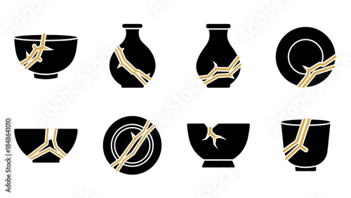 Black and gold kintsugi pottery collection in minimalist silhouette style