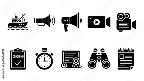 Bold silhouette icons of communication, exploration, and achievement tools