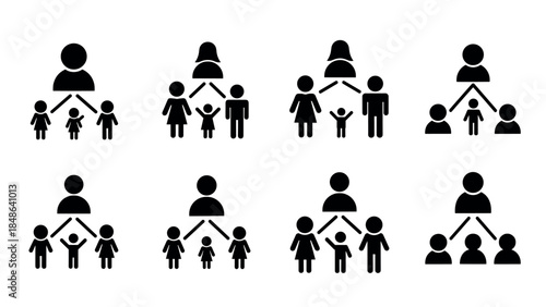 Family relationship icons set: black silhouette people symbols for representing genealogy and structure