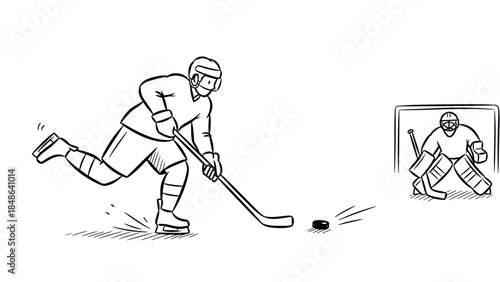 Hockey player shooting puck towards goalkeeper in black and white line art