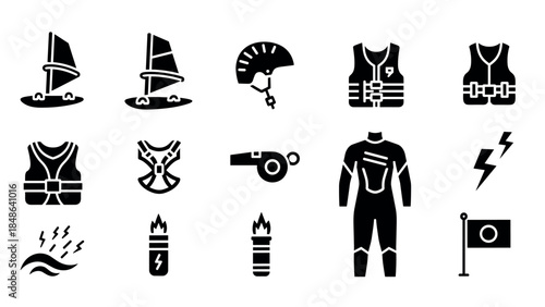 Water sports equipment icons set: sailboats, life jackets, wetsuit, safety symbols in black silhouette style
