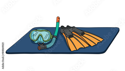 Diving gear on beach mat: mask, snorkel, and fins with blue and orange accents