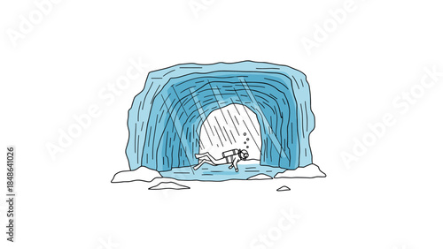 Minimalist ice cave diver with water droplets