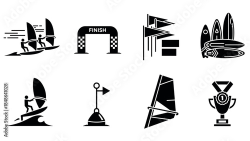Windsurfing icons set: silhouette sailboards, gear, finish line, trophy