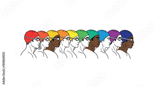 Diverse swimmers in rainbow caps aligned in pop art style