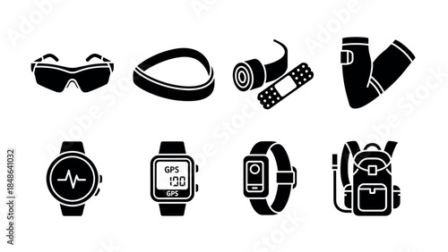 Essential sports gadgets and accessories in silhouette style for modern fitness enthusiasts