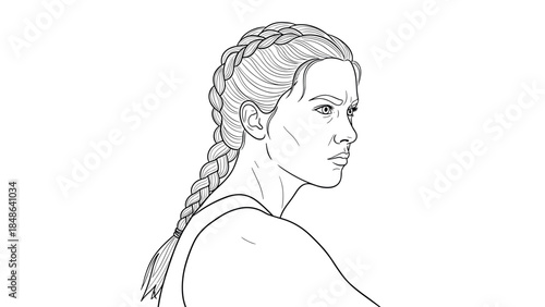 Detailed female portrait with braided hair in black and white line art style