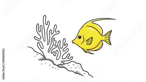Yellow fish swimming near coral: hand drawn marine life art