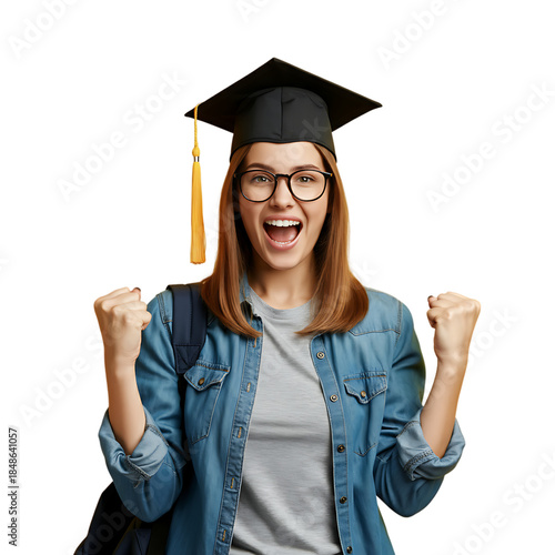 Happy young graduate woman celebrating success and feeling triumphant on graduation day