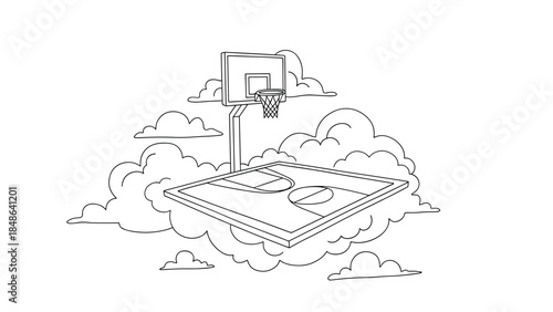Basketball court in the clouds: surreal linear art with dreamy atmosphere